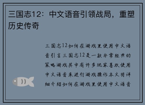 三国志12：中文语音引领战局，重塑历史传奇