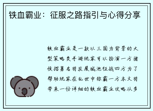 铁血霸业：征服之路指引与心得分享