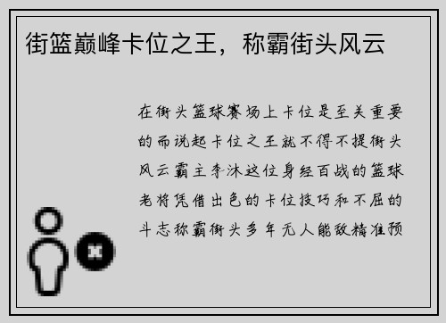 街篮巅峰卡位之王，称霸街头风云